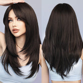 Peluca 7JHH WIGS negra larga con franja lisa para uso diario