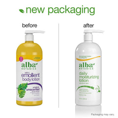 Loción Emoliente Alba Botanica con aloe vera, té verde y manzanilla para piel calmada.