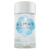 Almay gel transparente para piel sensible, frente del empaque, sin fragancia para uso diario.