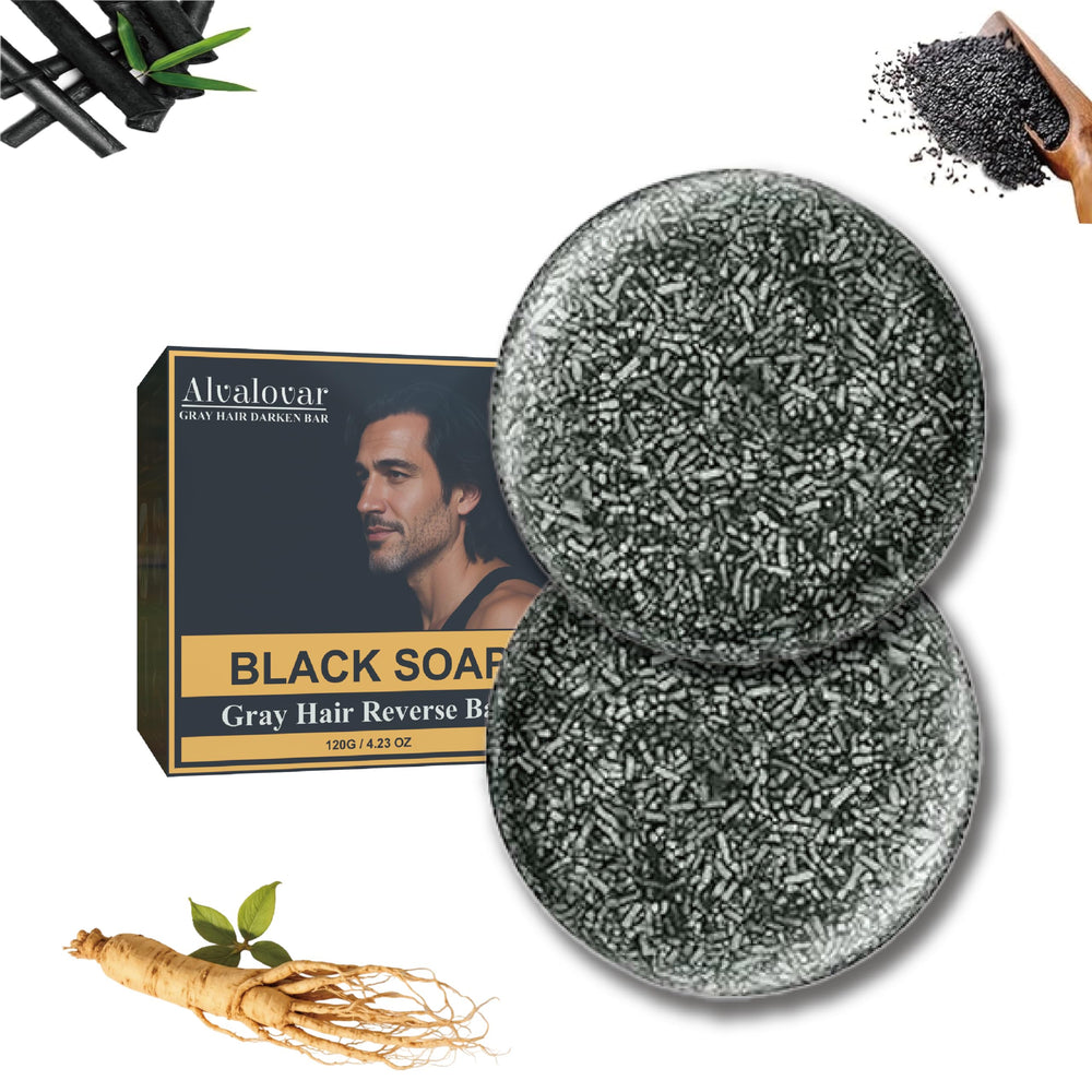 Alvalovar barra jabón negro para cabello, oscurece canas suavemente y añade brillo