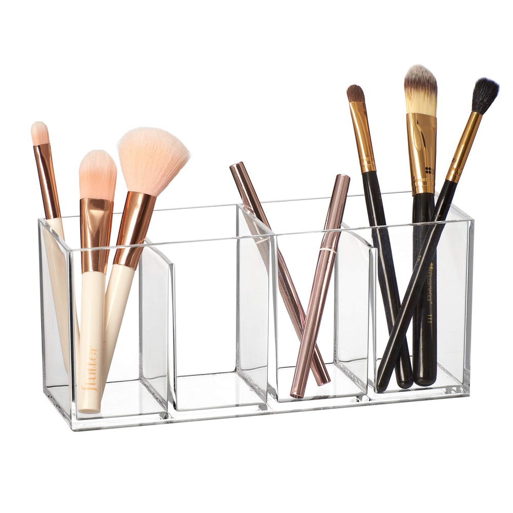 La marca Amazing Abby Glamour organiza maquillaje y brochas con este organizador acrílico de 4 compartimentos.