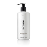 APOTHEKE Loción Vetiver Blanco, frente de la botella, hidratación rápida para piel suave.