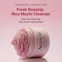 ARENCIA Rosehip Brightening Rice Mochi: textura cremosa para exfoliación suave.