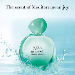 Armani Beauty Acqua Di Gioia Intensa, frasco de vidrio claro, efecto translúcido.