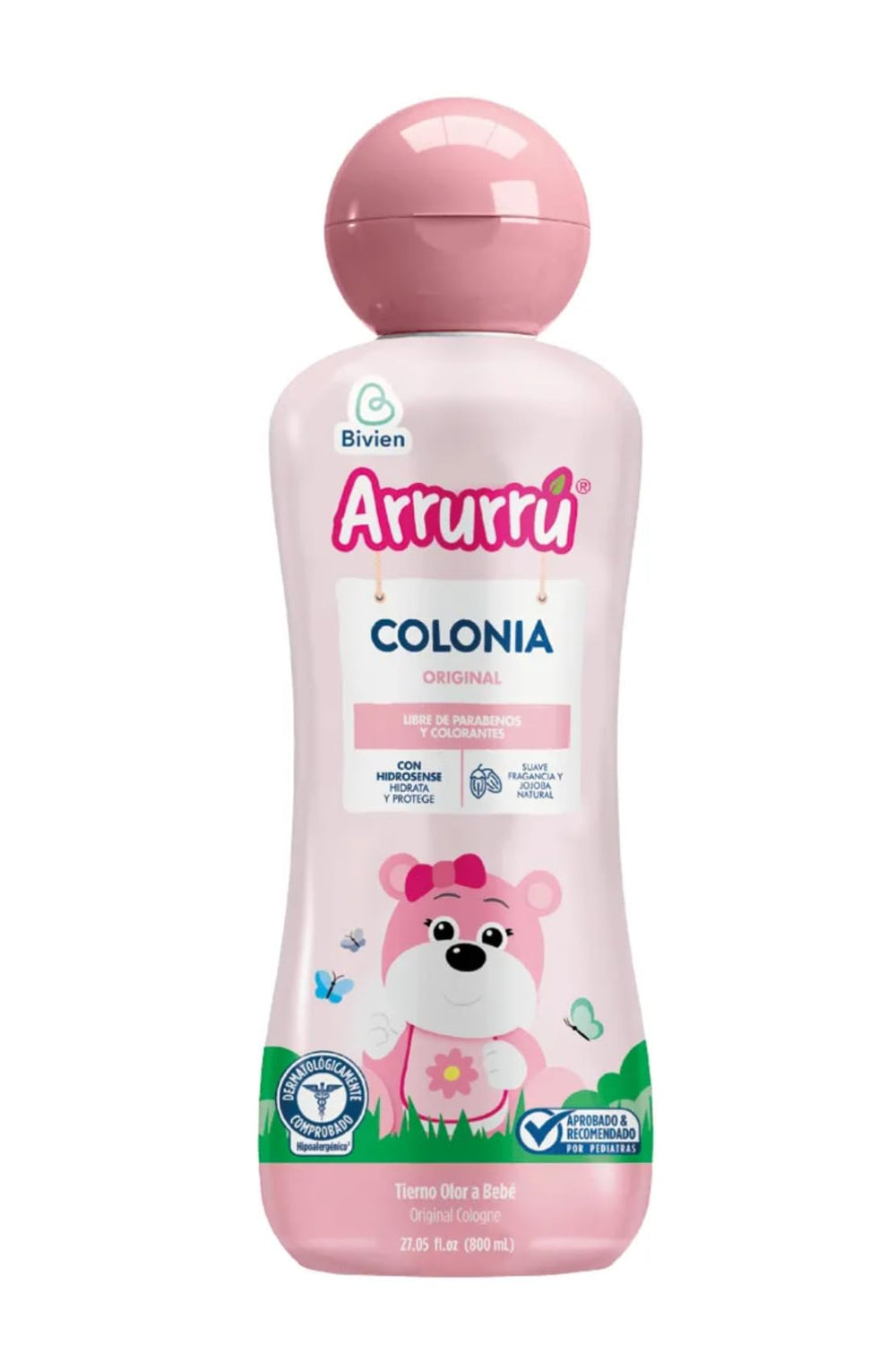 Arrurru Naturals Colonia Original Rosa, botella rosa, aroma suave para el cuidado diario del bebé.
