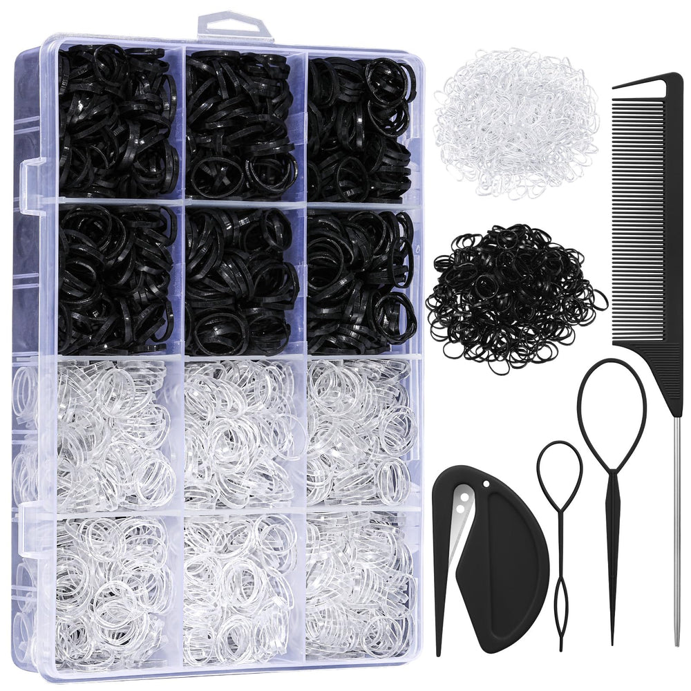 Auroray gomas elasticas en caja organizadora, facilita almacenamiento y selección rápida para peinados.