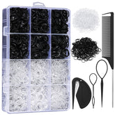 Auroray gomas elasticas en caja organizadora, facilita almacenamiento y selección rápida para peinados.