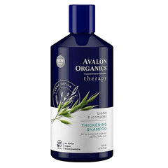 Avalon Organics Champú Engrosador con Biotina y B-Complejo, etiqueta cercana con ingredientes clave.