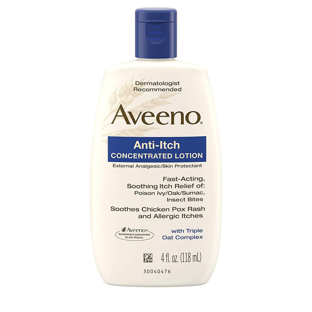 Aveeno loción concentrada antipicor avena, botella visible, uso diario suave.