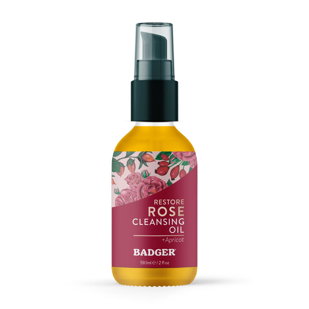 Badger Aceite limpiador facial con rosa, frasco de vidrio para limpieza suave.