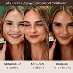Beauty by Earth: gotas bronceadoras, tono dorado natural sin manchas.
