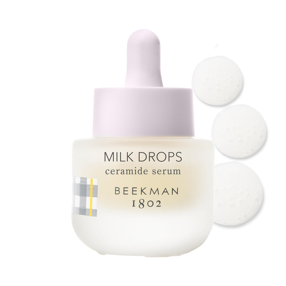Beekman 1802 Milk Drops Serum en bote, textura ligera para hidratación duradera.