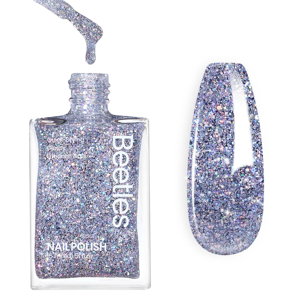 Beetles Gel Polish en botella con purpurina plata, brillo duradero para uñas.