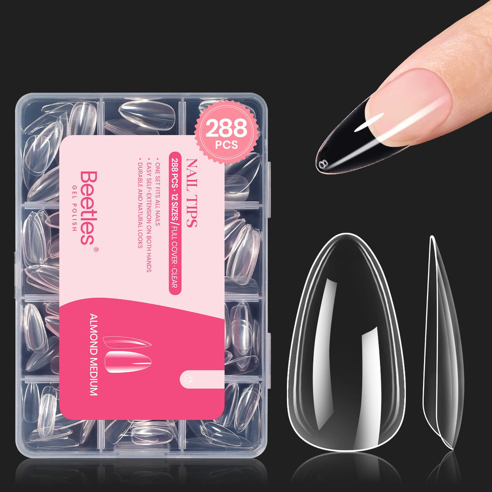 Beetles Gel Nail Tips: puntas transparentes en almendra para un acabado natural.