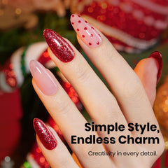 Beetles Gel Polish rojo glitter, textura cremosa para aplicación suave y cobertura uniforme.