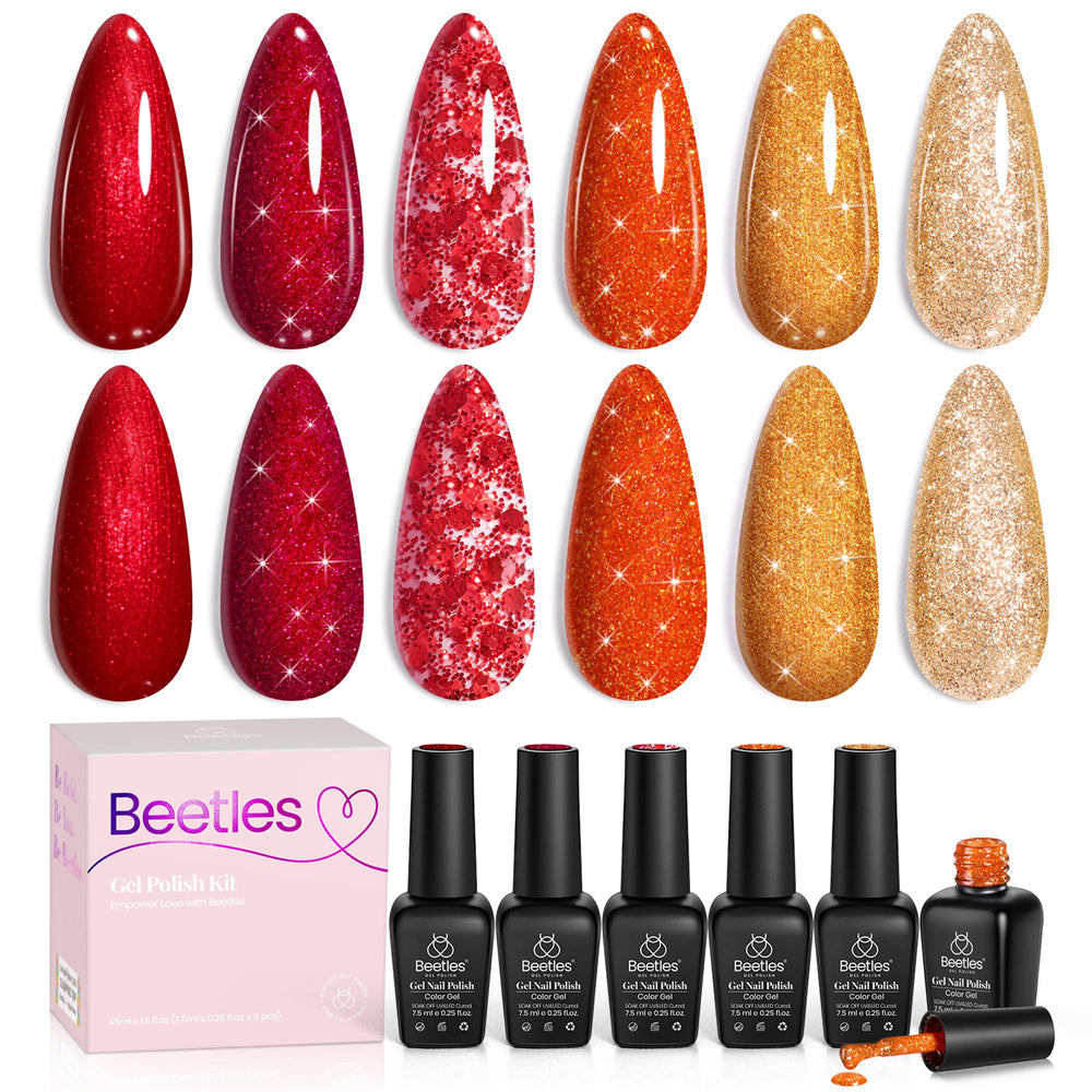 beetles gel polish glitter rojo-naranja-dorado para uñas deslumbrantes.