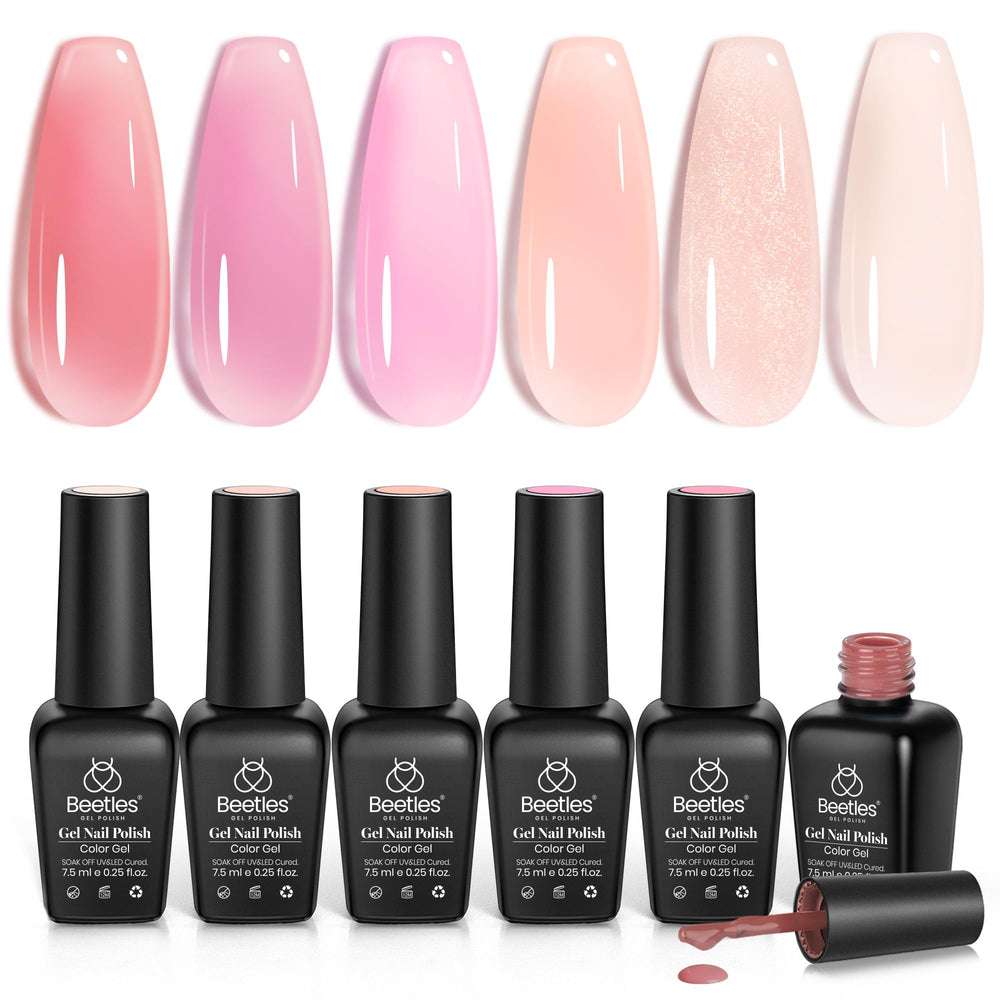 Beetles Jelly Gel: set de 6 colores, nude-rosado, brillo duradero para uñas.
