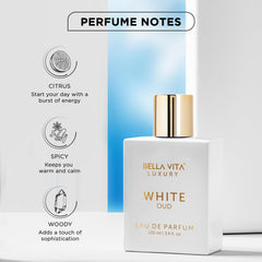 Bella Vita Luxury White Oud, frasco elegante en primer plano, diseño premium para colección.