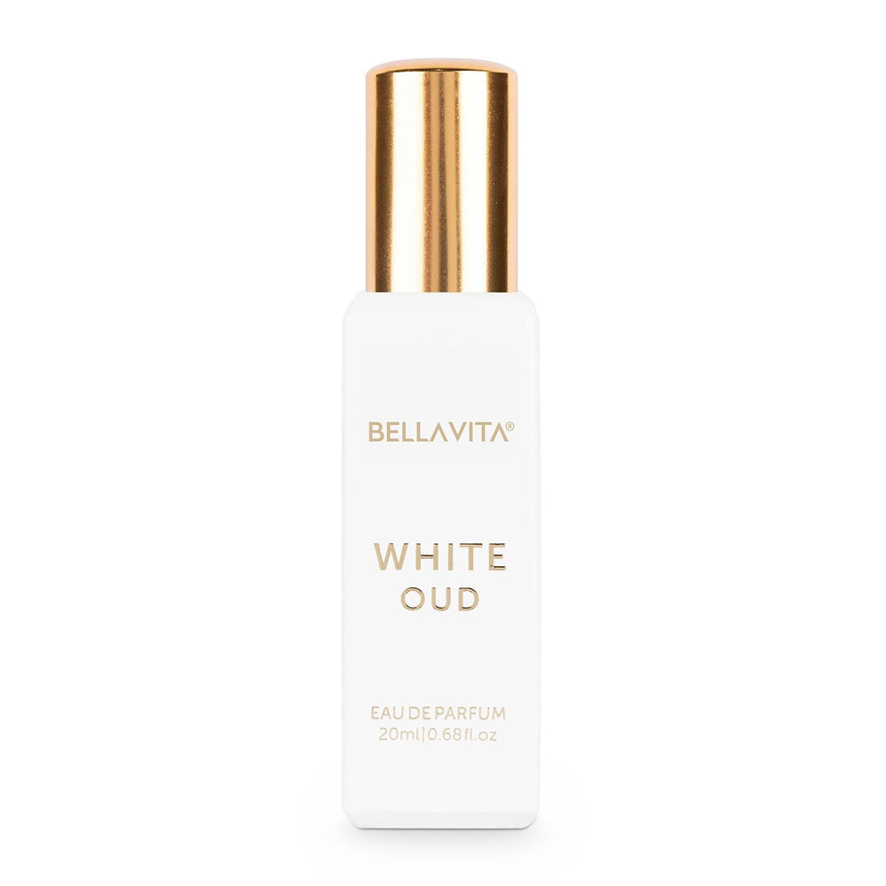 BellaVita Luxury White OUD Parfum, botella de viaje, ideal para retoques diarios.