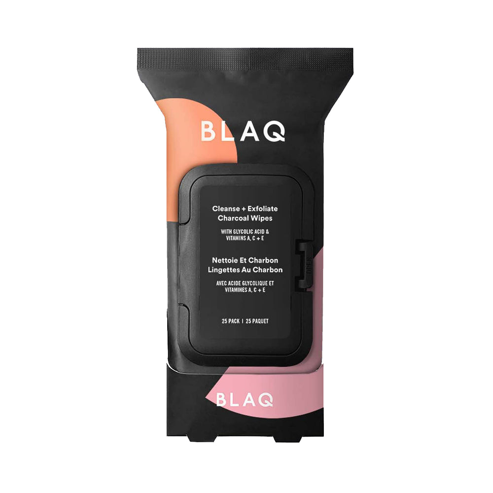 BLAQ toallitas faciales carbón activado doble lado para limpieza profunda y rápida.