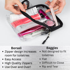 Uso en aeropuerto con bolsa BORSALI, tamaño permitido para líquidos.