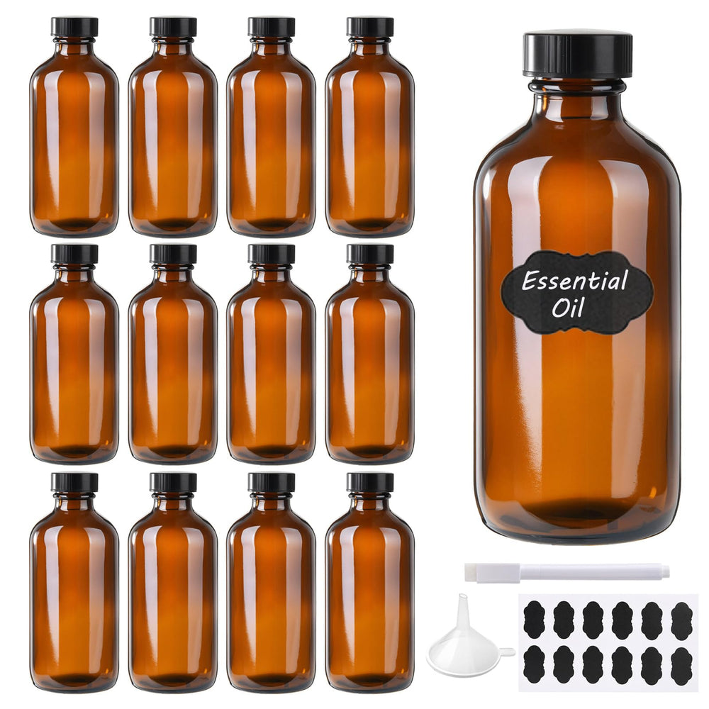 BPFY botella Boston ámbar de 8 oz con tapa negra, protege vainilla y aroma.