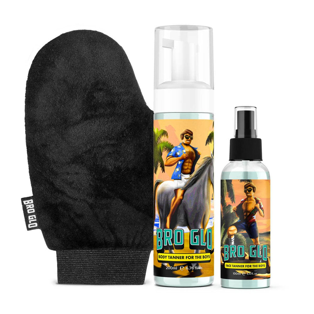 Bro Glo autobronceador mousse para rostro y cuerpo con guante, bronceado natural.