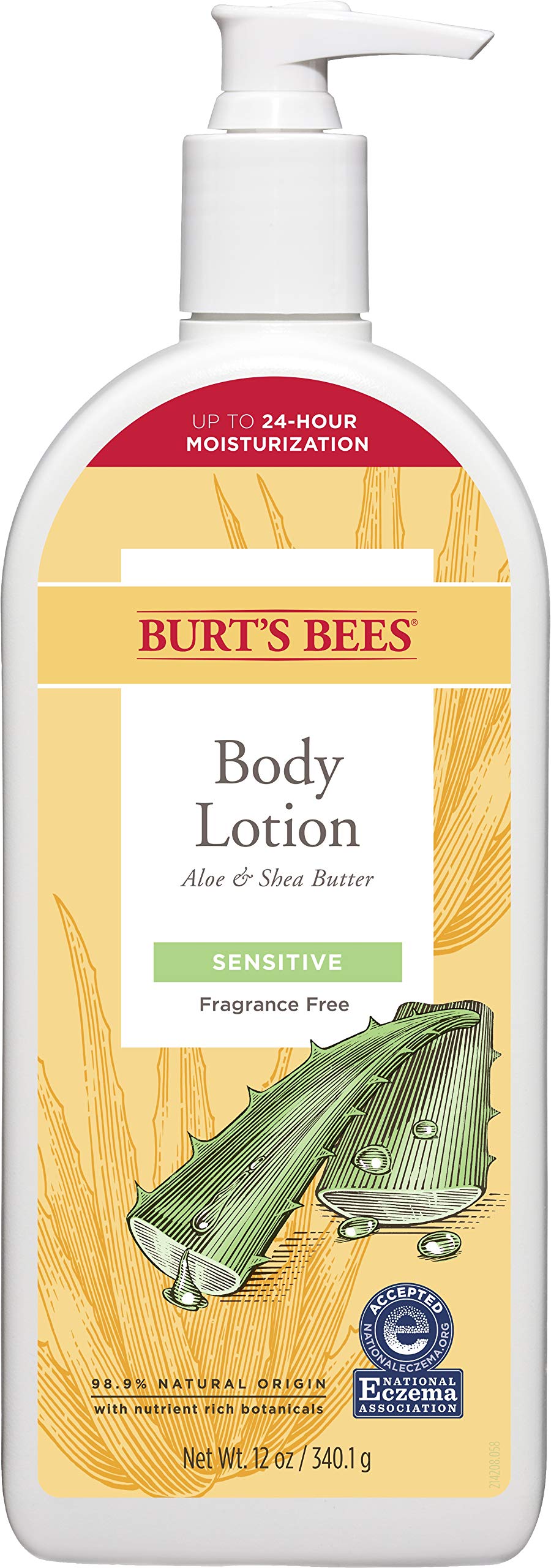 Loción corporal Burt's Bees para piel sensible con Aloe y Shea, hidratación suave y duradera.