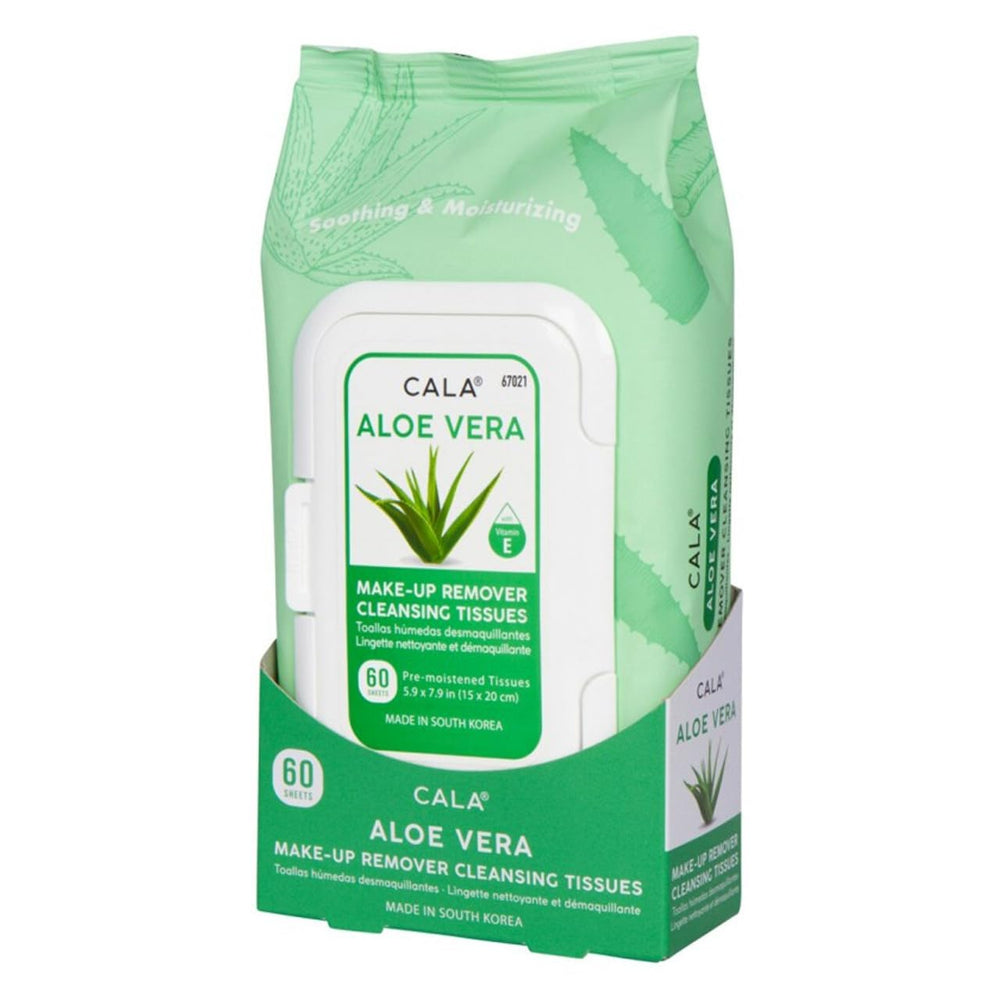 CALA toallitas desmaquillantes Aloe Vera, empaque de 60 hojas, limpia sin irritar la piel.