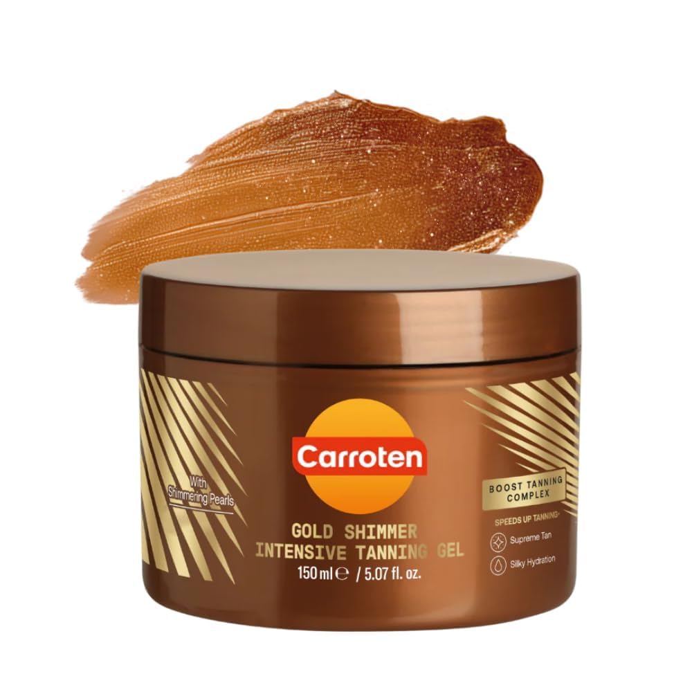 Carroten bronceador oro brillante en botella para un brillo dorado.
