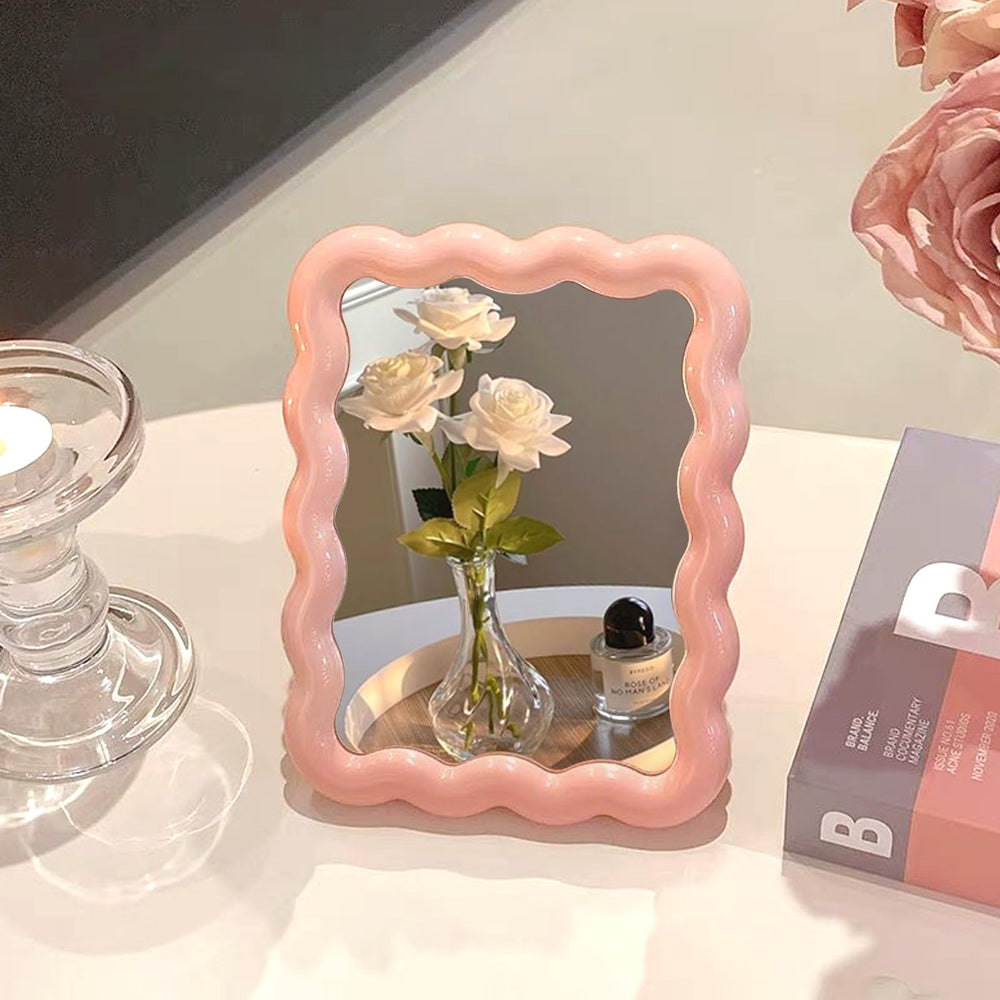 CCREDONE Espejo de maquillaje en forma de ola rosa para retoques rápidos en casa.