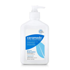 Ceramedx loción restauradora: botella para aplicación suave e humectación duradera.