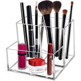 Cerpourt Organizador de brochas acrílico claro con 3 secciones para ordenar maquillaje.