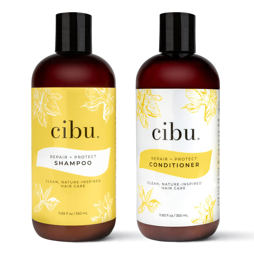 CIBU Repair + Protect champú, botella vertiendo, limpieza suave y revitalizante