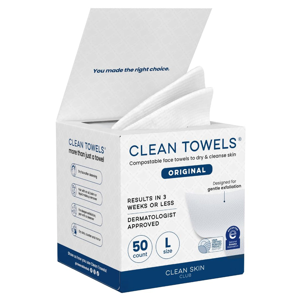 CLEAN SKIN CLUB toallas faciales grandes, paquete de 50 para uso diario.