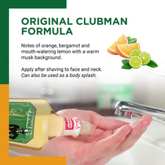 Clubman Pinaud: aplicación suave en la piel, sensación refrescante tras el afeitado.