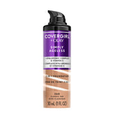 Base líquida COVERGIRL & OLAY Simply Ageless en botella, acabado mate para piel uniforme.