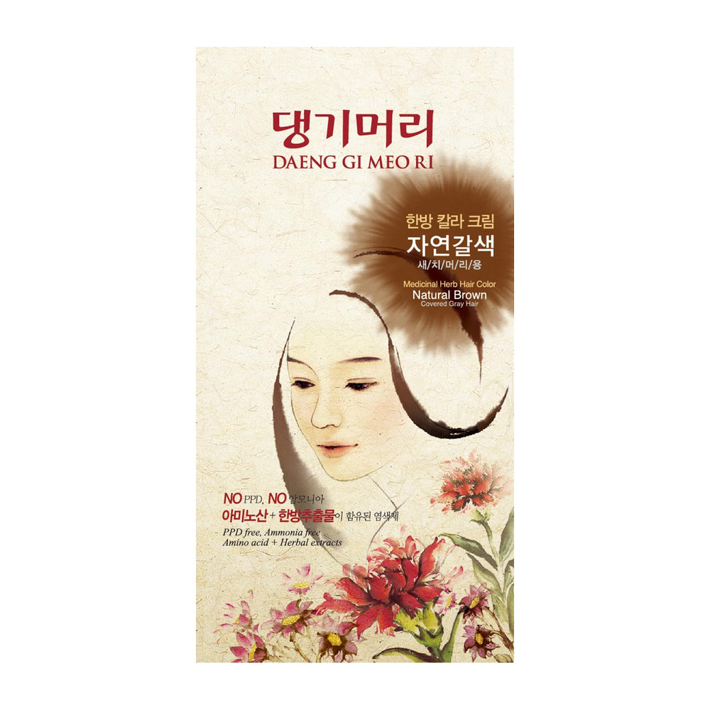 Daeng Gi Meo Ri: crema colorante herbal marrón natural en frasco, cobertura suave de canas.