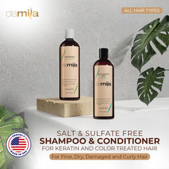 Damila acondicionador sin sal, textura cremosa para rizos y cabello dañado.