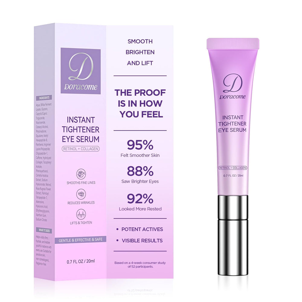Doracome suero para ojos con cafeína y retinol, botella visible, hidratación suave para el contorno.