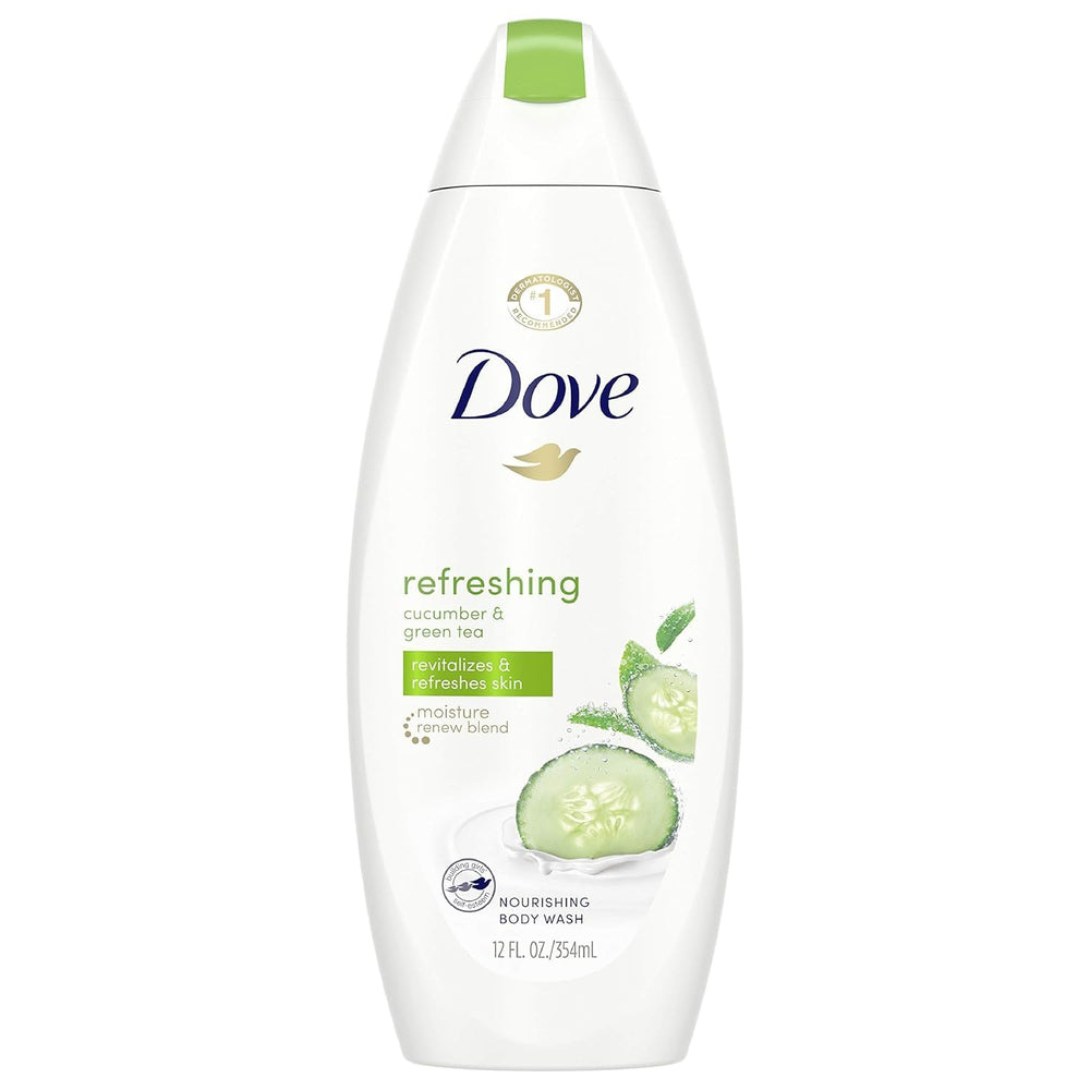 Dove Ducha corporal refrescante Pepino y Té Verde, botella visible, piel hidratada.