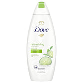 Dove Ducha corporal refrescante Pepino y Té Verde, botella visible, piel hidratada.