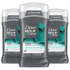 Dove Men+Care desodorante libre de aluminio con aroma de eucalipto refrescante.
