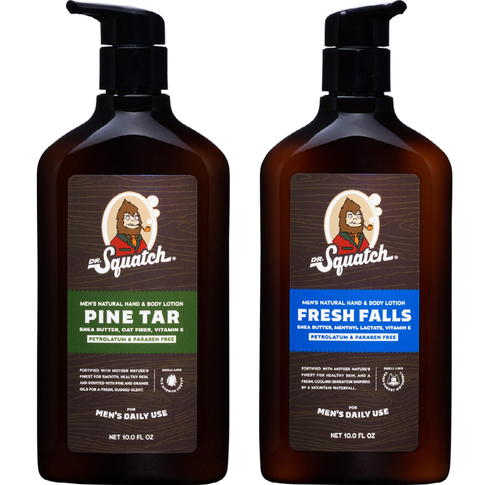 Dr. Squatch crema para manos y cuerpo, frasco visible, hidrata la piel masculina durante todo el día.