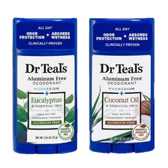 Dr Teal's desodorante eucalipto, botella visible, aroma fresco que ayuda a absorber humedad