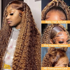 Peluca rubio miel con highlights 4/27 muestra estilo ombre y volumen.
