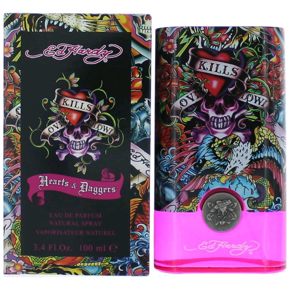 ED HARDY Hearts & Daggers, frasco de perfume en atomizador, perfecto para uso diario o eventos especiales.