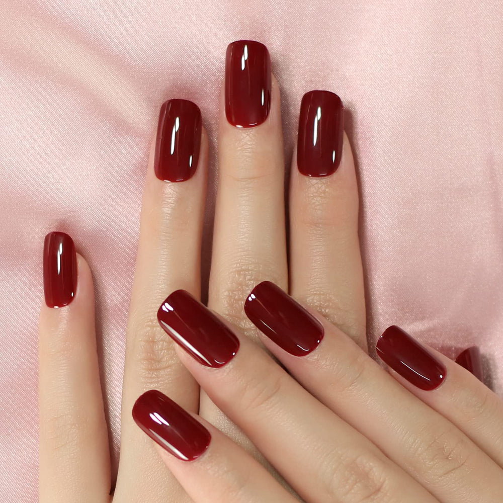 Elevenail uñas postizas brillo vino rojo medio cuadrado, look elegante para evento.