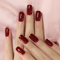 Elevenail uñas postizas brillo vino rojo medio cuadrado, look elegante para evento.