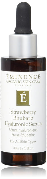 Eminence serum ácido hialurónico fresa y ruibarbo en botella, para hidratación suave.